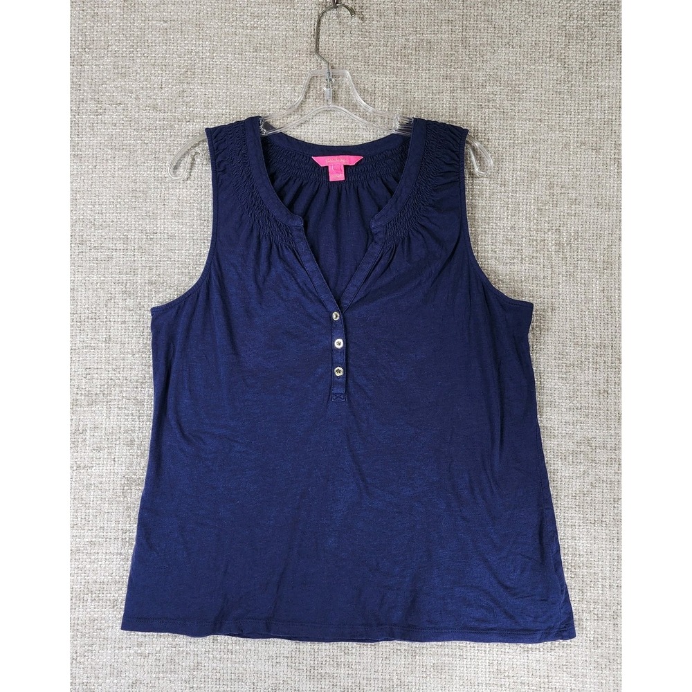 Lilly Pulitzer Half Button Sleeveless Top Womens L Navy Blue V-Neck‎ Cotton Tank